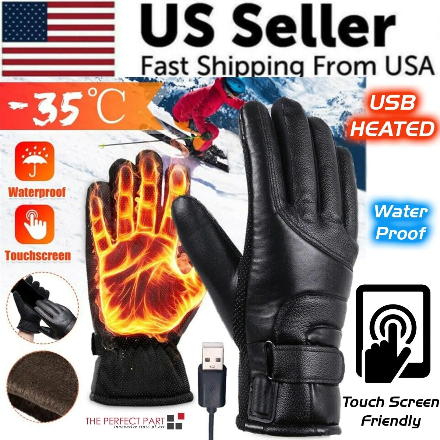 Mood Tech Electric USB Heated Gloves Winter Warming Thermal Ski Snow Hand Warm Windproof